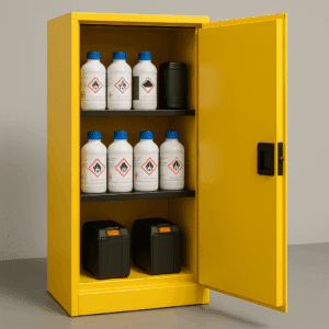 Armoire de sécurité jaune ouverte avec étagères contenant des bidons blancs étiquetés de pictogrammes de danger et des boîtiers noirs.